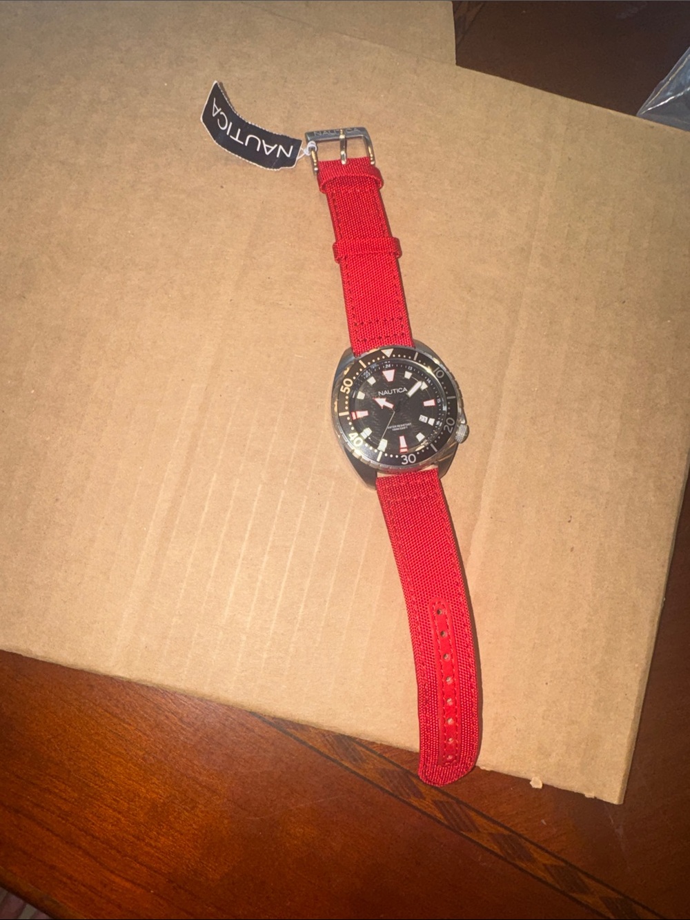 Nautica Men's Red Canvas Strap Watch with Black Dial and Silver Case